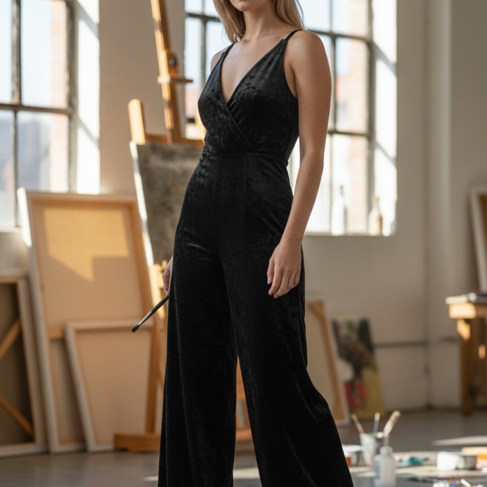 J. Crew Black Velvet Jumpsuit Size 4 Wide Leg V-Neck Sleeveless Fully Lined